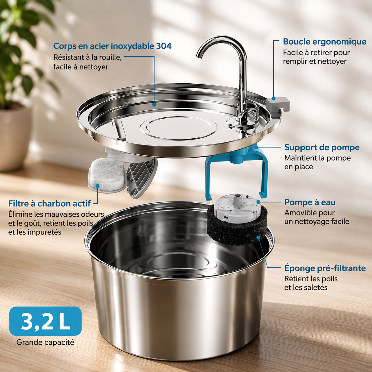 L’Oasis à Moustaches - Fontaine en acier inoxydable 3,2 L