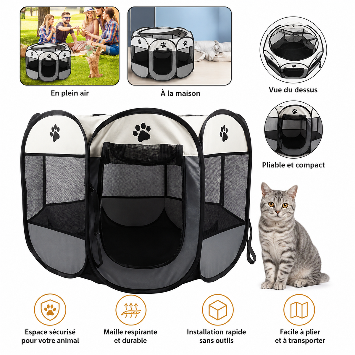 Le Chat’Piteau – Parc pliable octogonal pour chat