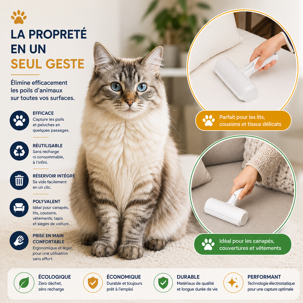Le Roul'Poils - Rouleau anti-poils réutilisable