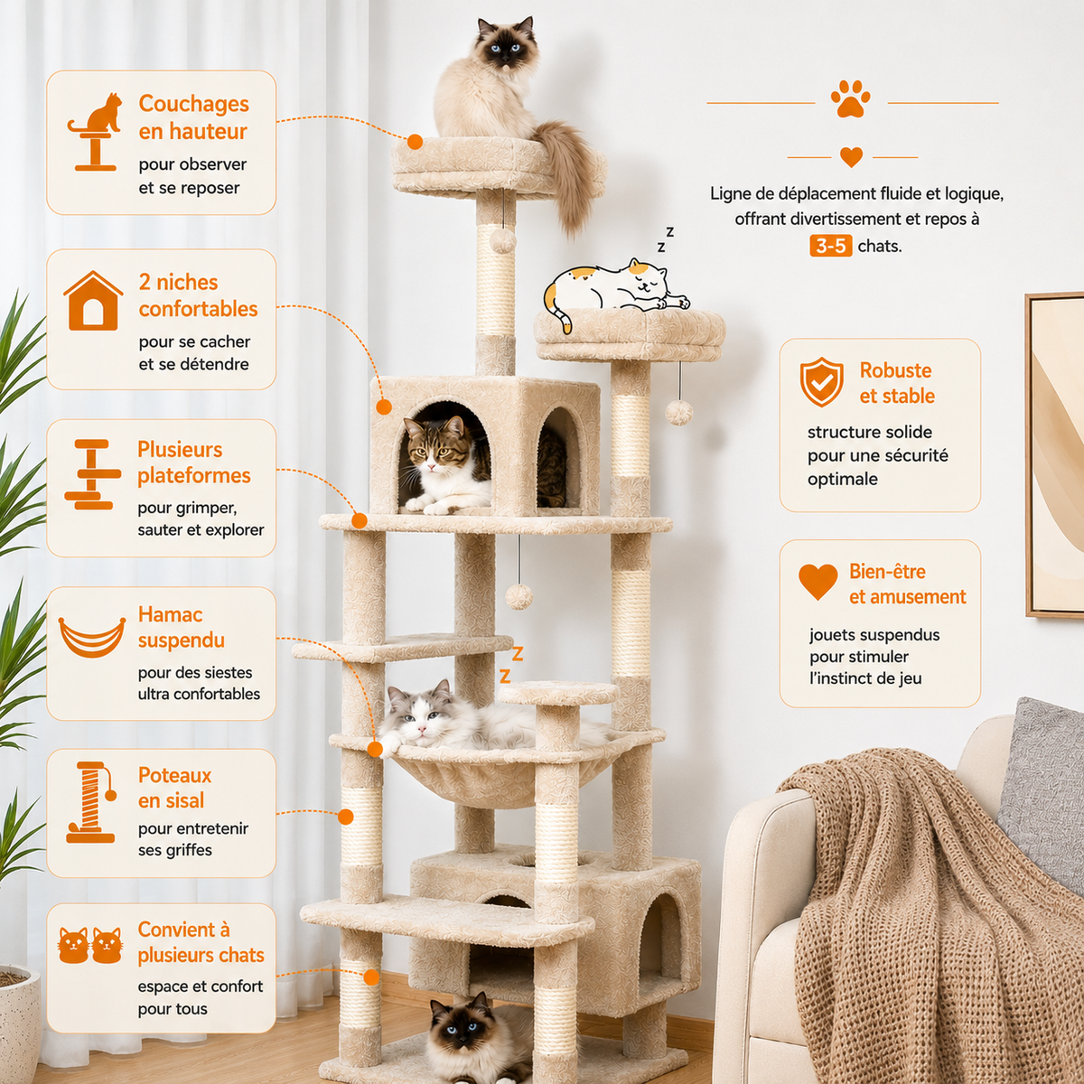 Le Royaume des Chats – Grand arbre à chat multi-niveaux