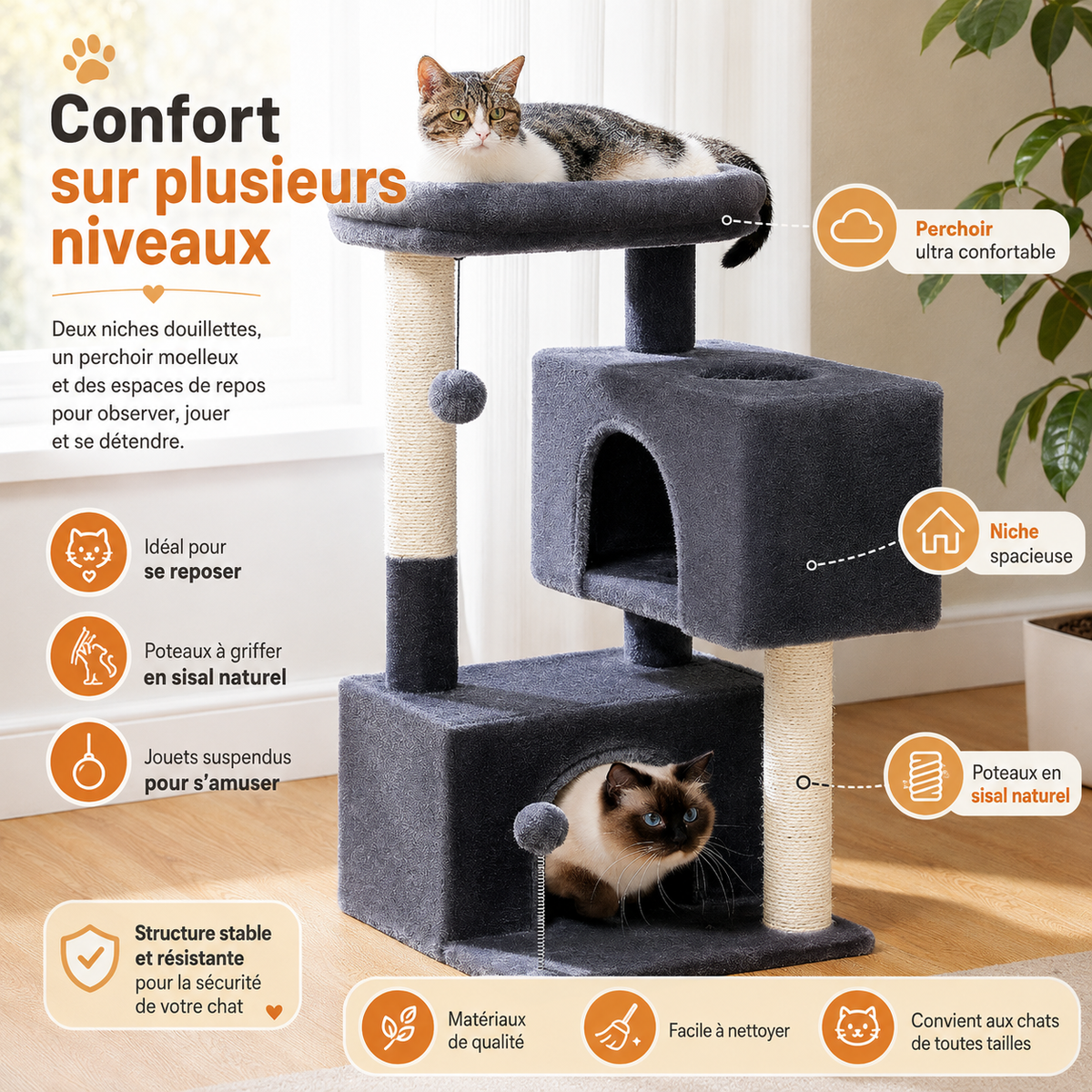 Le Nid Perché – Arbre à chat compact 80 cm