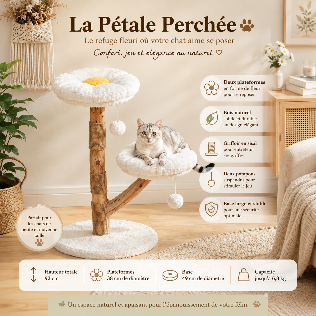 La Pétale Perchée – Arbre à chat en bois naturel avec plateformes fleuries 🌼