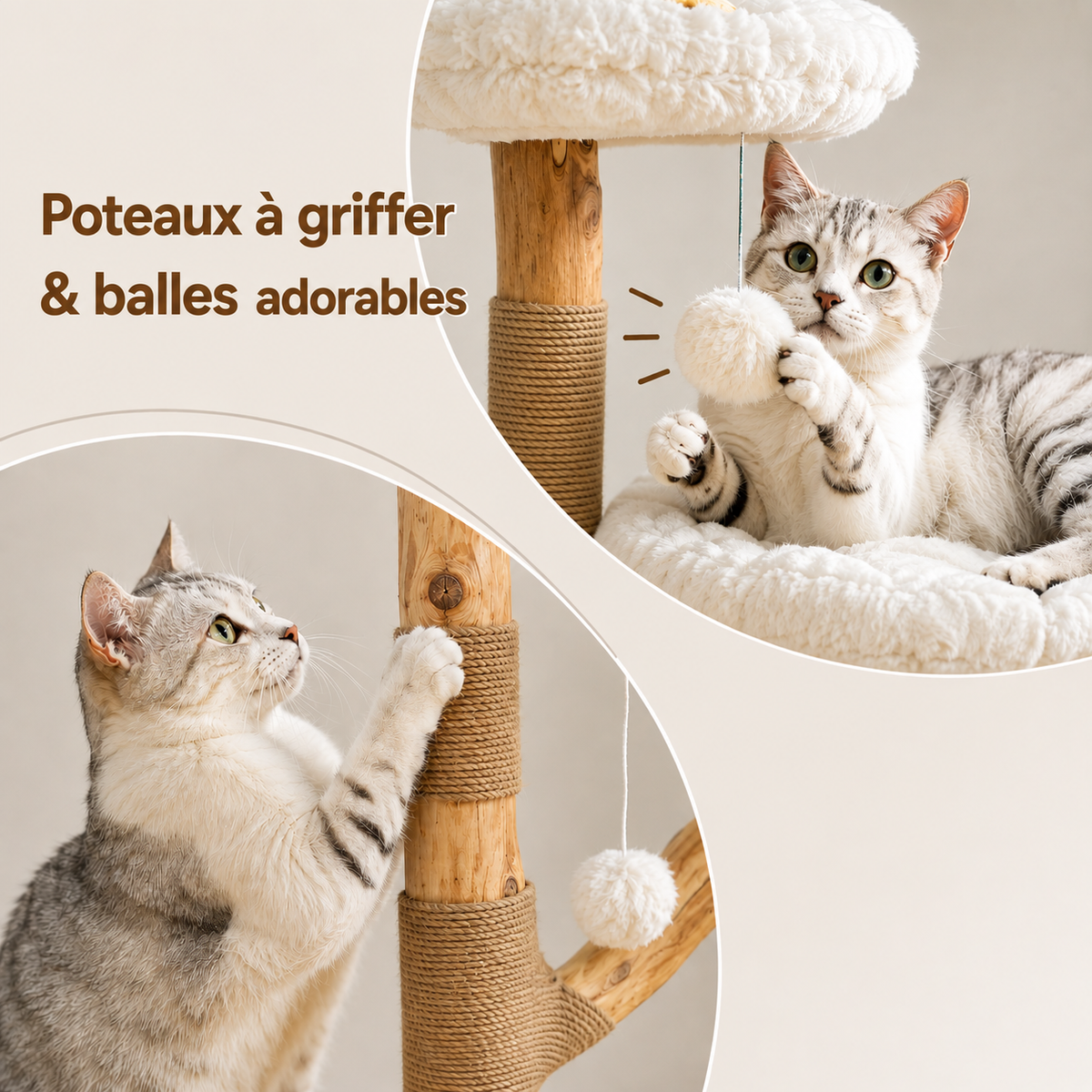 La Pétale Perchée – Arbre à chat en bois naturel avec plateformes fleuries 🌼