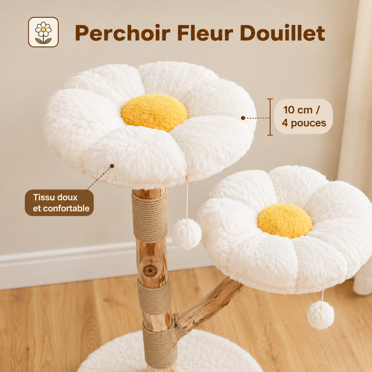 La Pétale Perchée – Arbre à chat en bois naturel avec plateformes fleuries 🌼