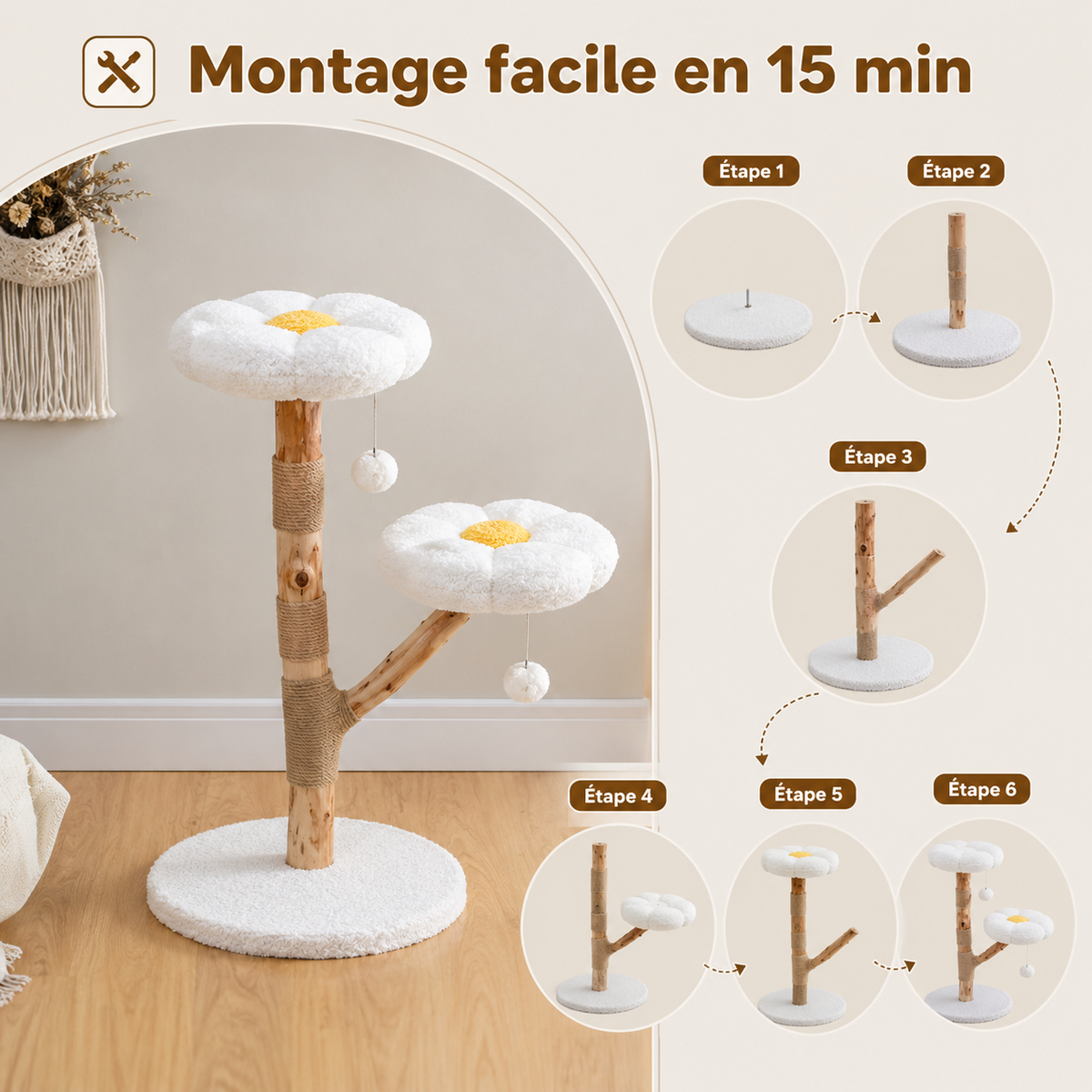 La Pétale Perchée – Arbre à chat en bois naturel avec plateformes fleuries 🌼
