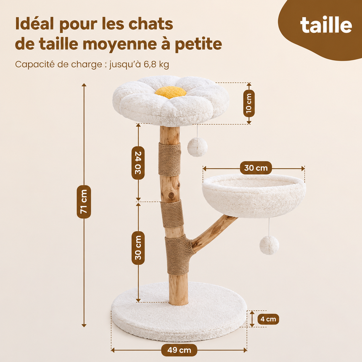 La Pétale Perchée – Arbre à chat en bois naturel avec plateformes fleuries 🌼