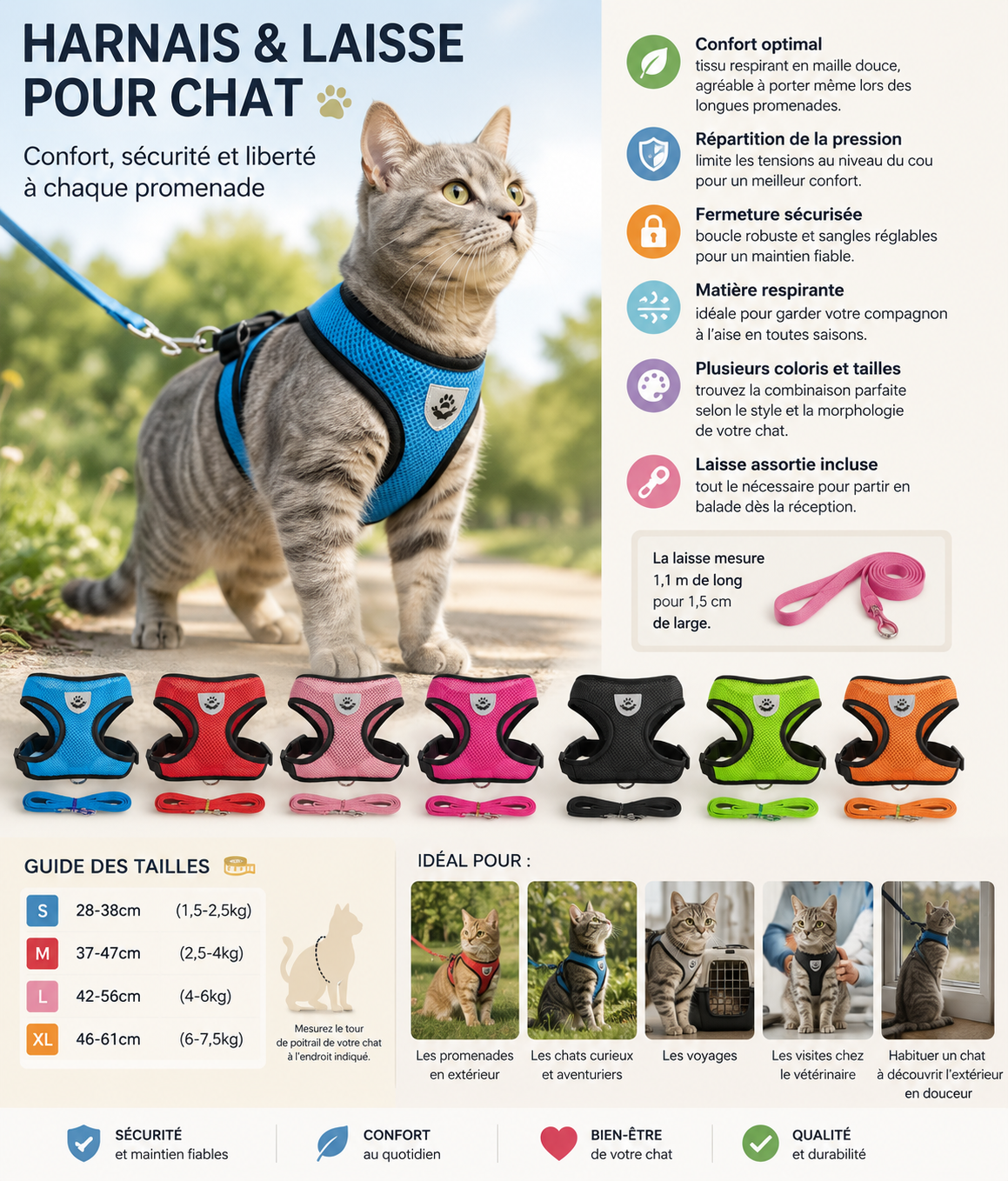 Le Harnais Liberté – Harnais réfléchissant pour chat avec laisse