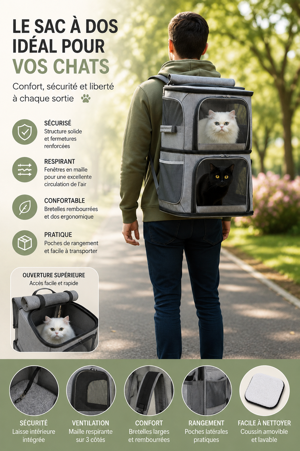Le Cocon Voyageur – Sac à dos de transport double pour chats