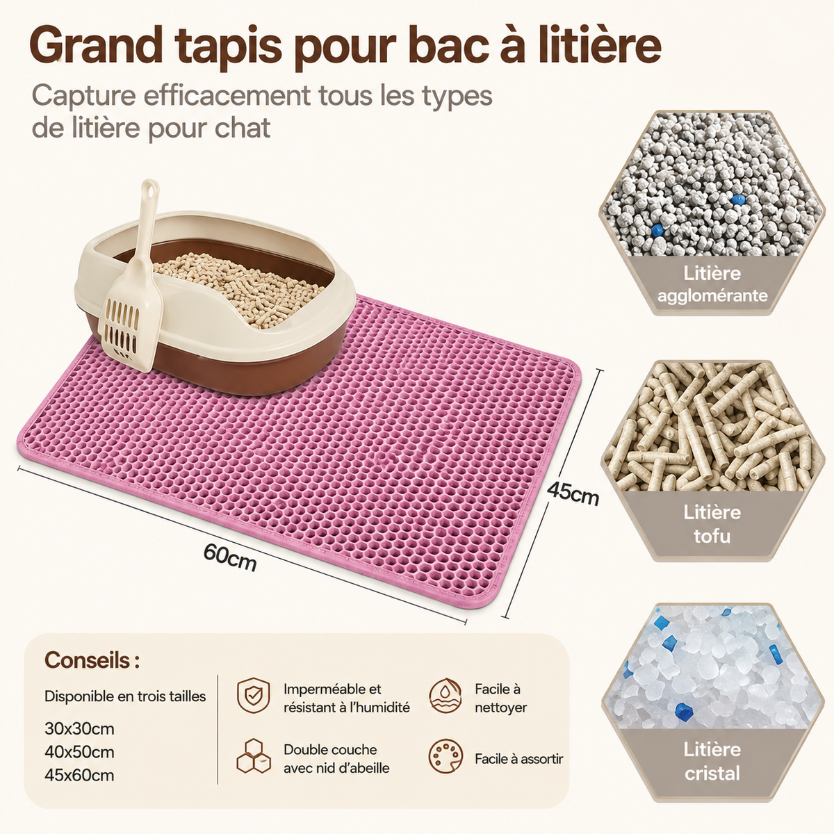 Tapis de litière double couche Nid d’Abeille – Anti-projections & Lavable