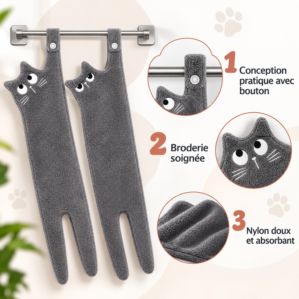 Miaou’Serviette – Serviette à main chat suspendu