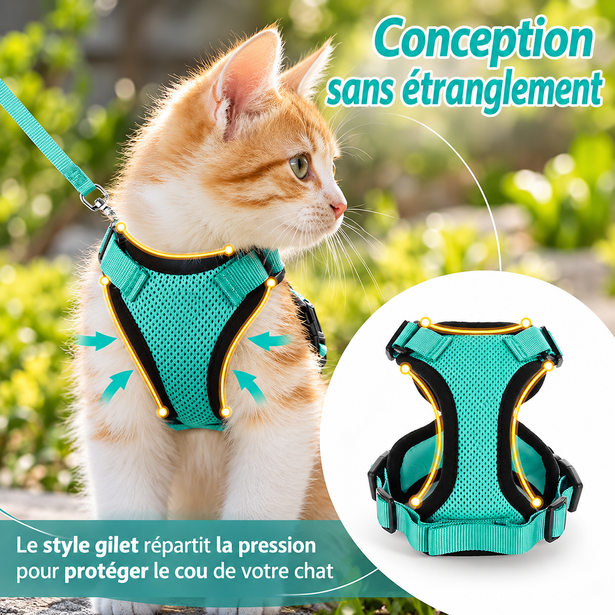 Miaou’Balade – Harnais confort pour chat avec laisse