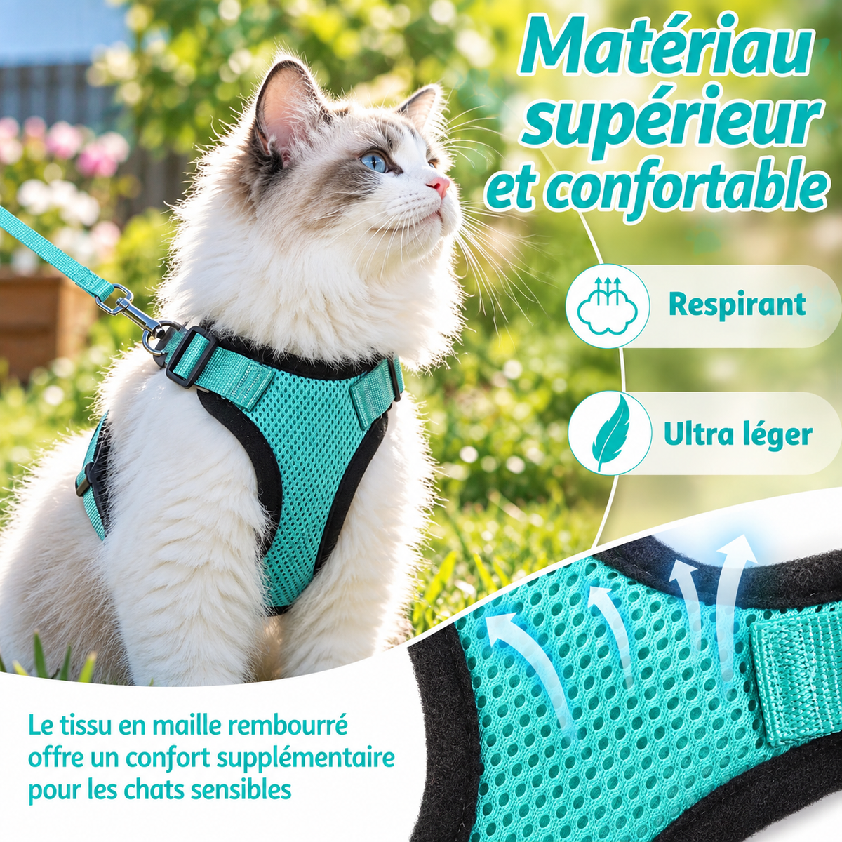 Miaou’Balade – Harnais confort pour chat avec laisse