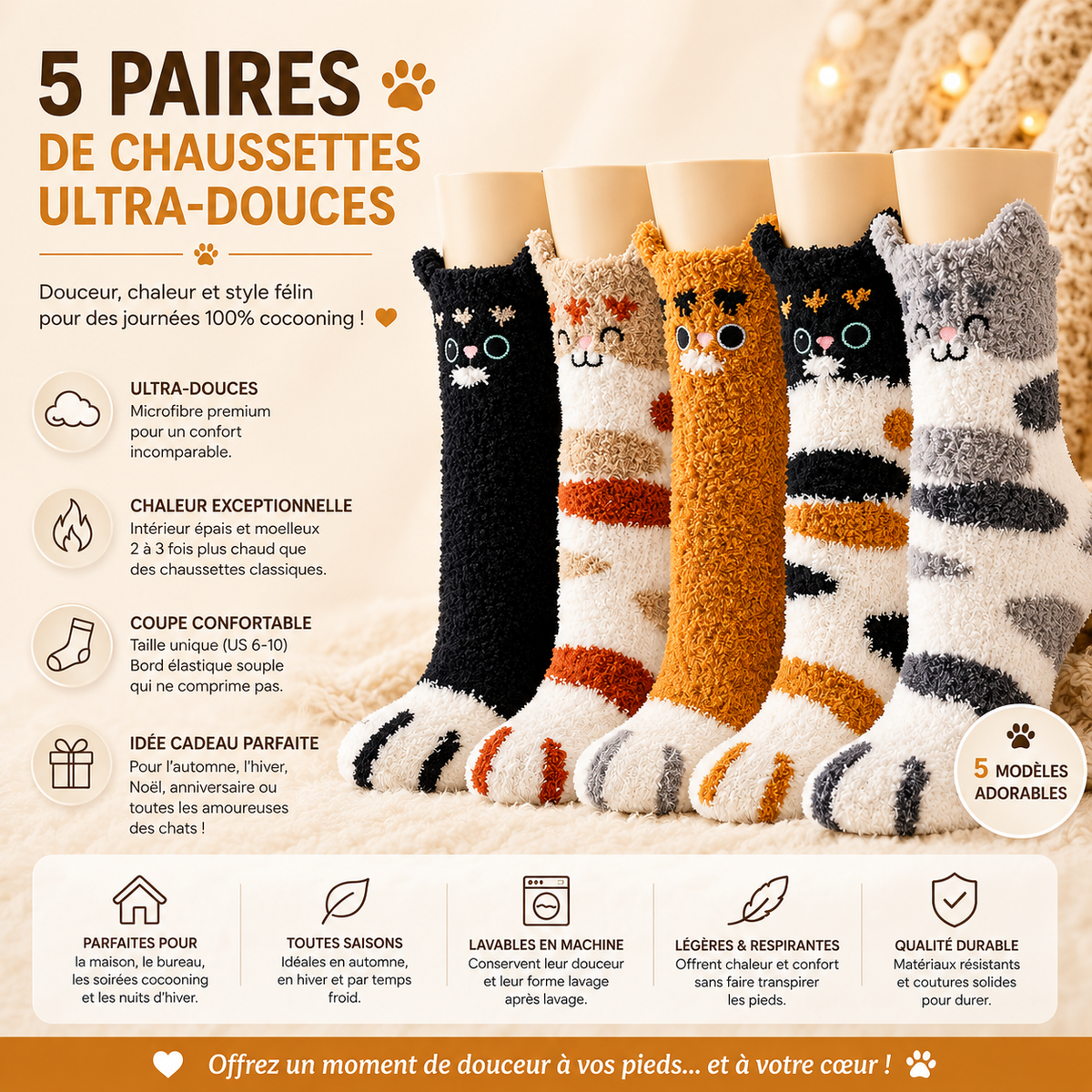 Les Ronron'Moumoutes™ – coffret 5 paires de chaussettes cocooning