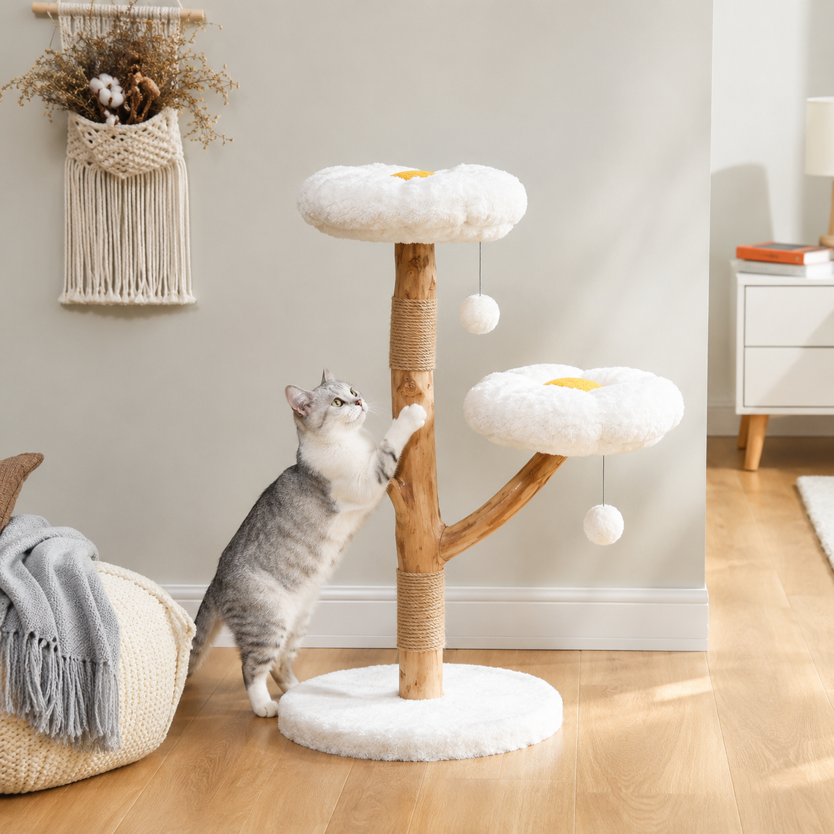 La Pétale Perchée – Arbre à chat en bois naturel avec plateformes fleuries 🌼