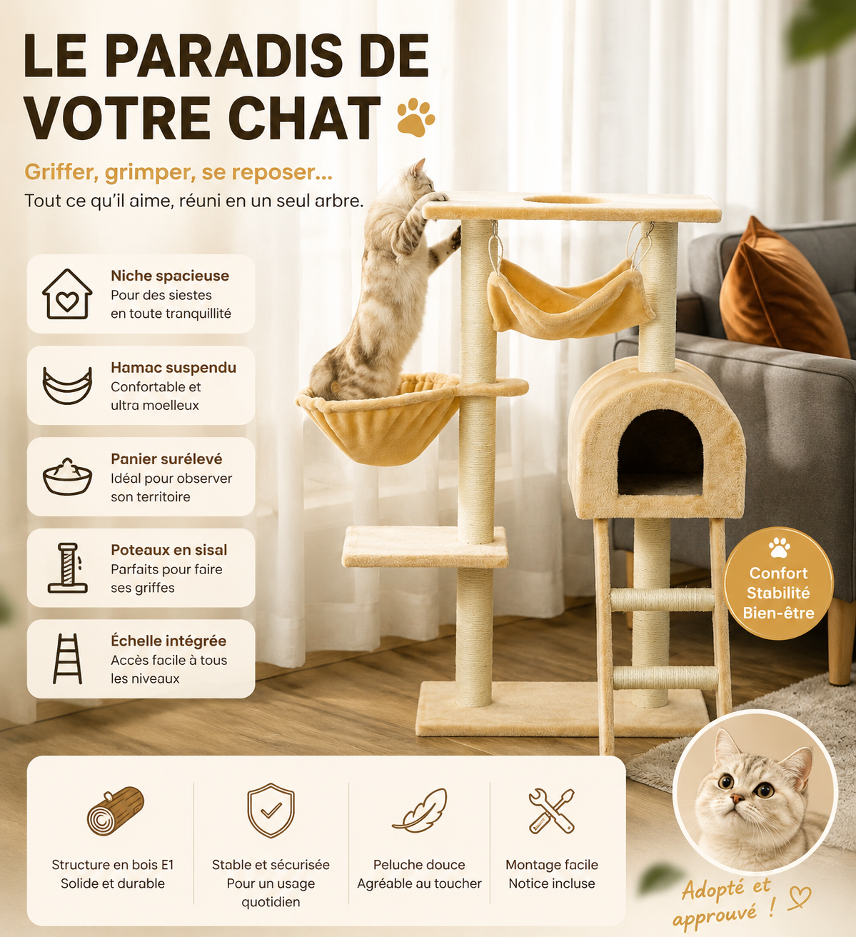 Le Chalet Suspendu – Arbre à chat 98 cm avec hamac et niche