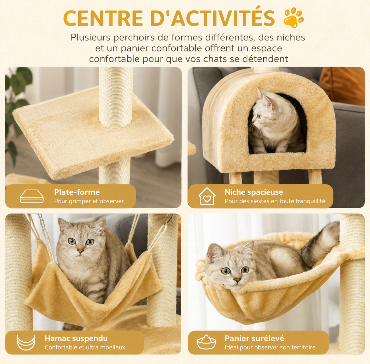 Le Chalet Suspendu – Arbre à chat 98 cm avec hamac et niche