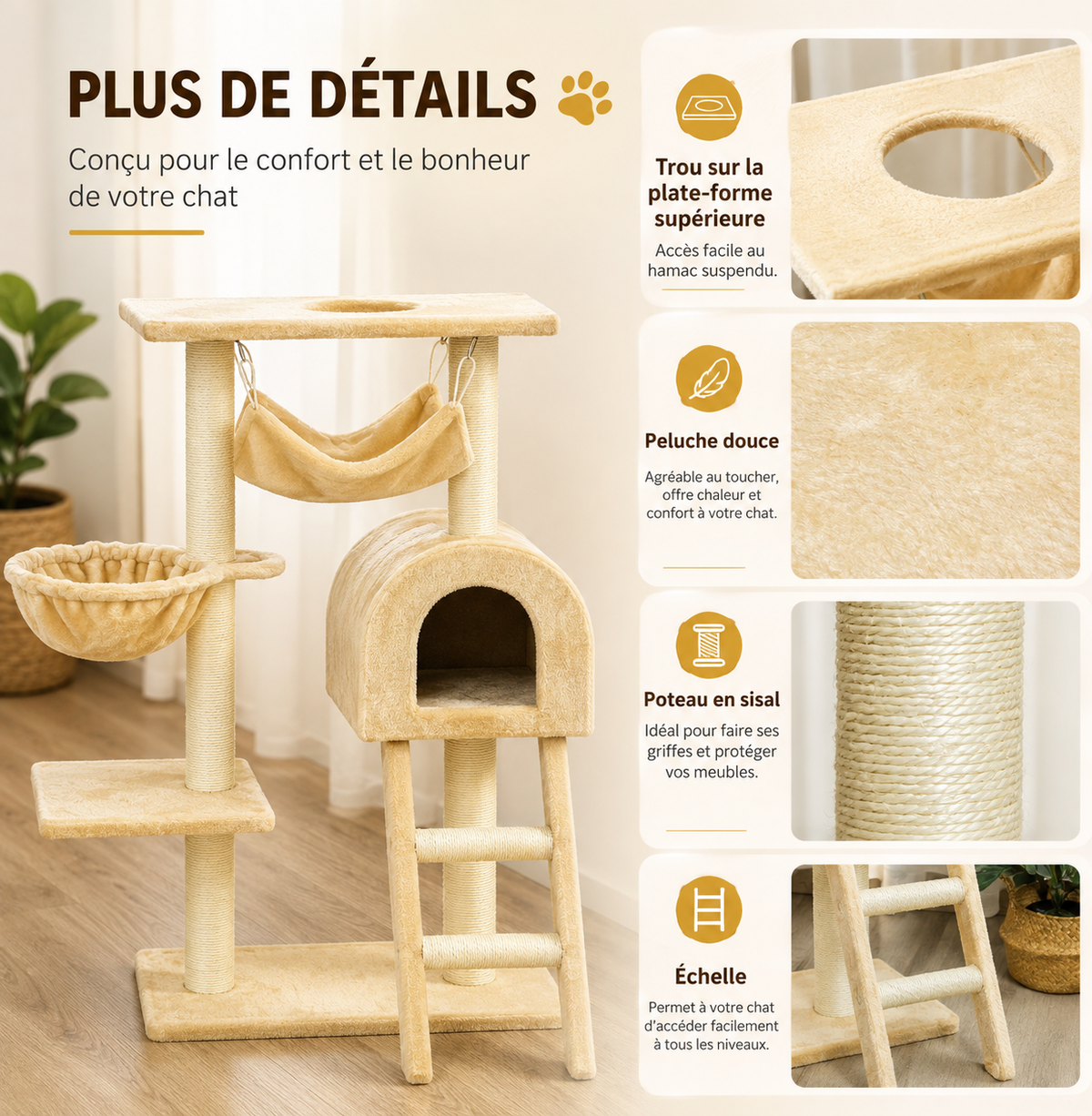 Le Chalet Suspendu – Arbre à chat 98 cm avec hamac et niche