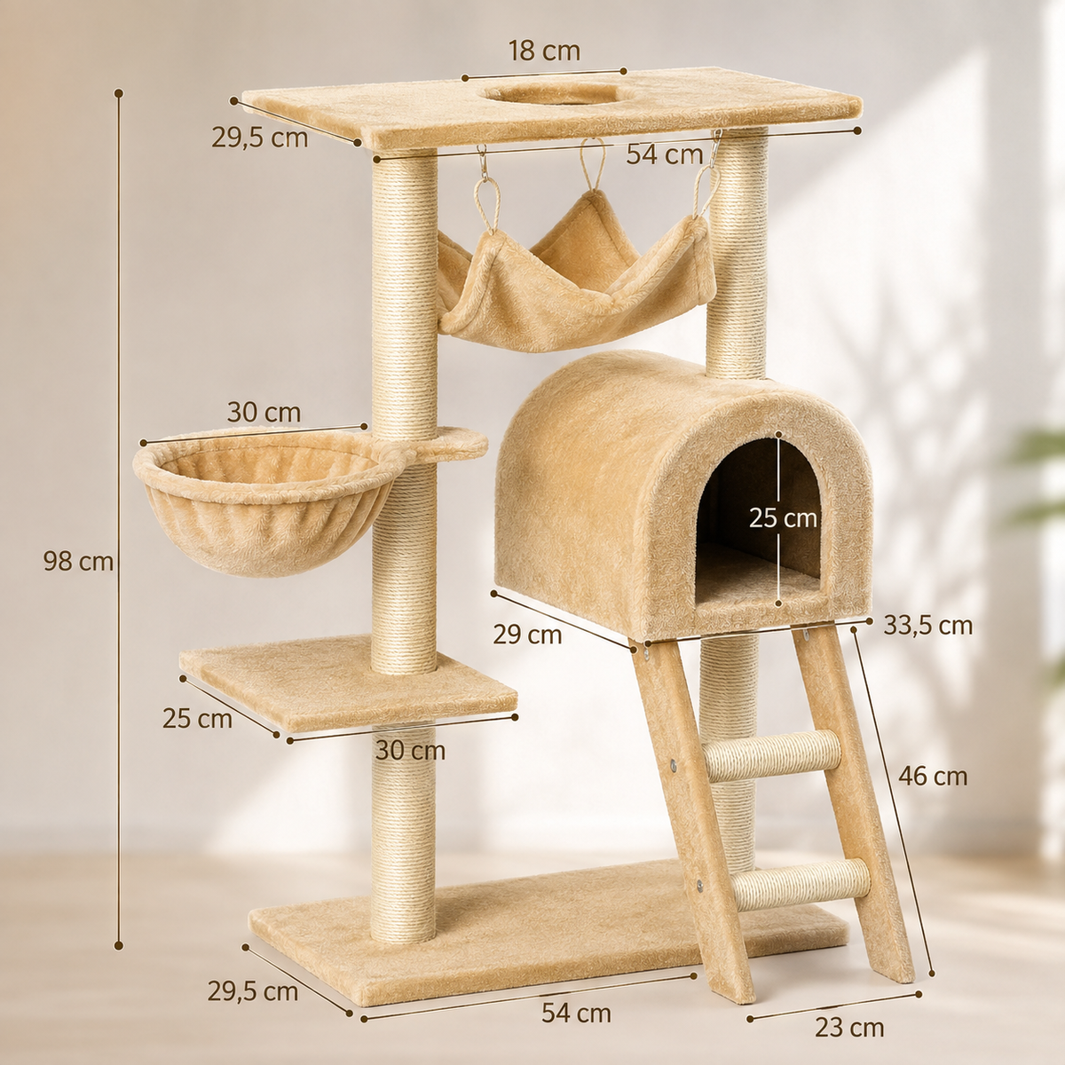 Le Chalet Suspendu – Arbre à chat 98 cm avec hamac et niche