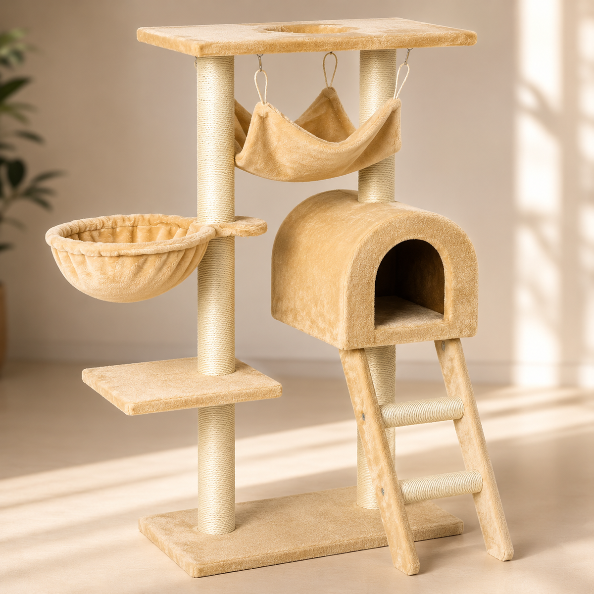 Le Chalet Suspendu – Arbre à chat 98 cm avec hamac et niche