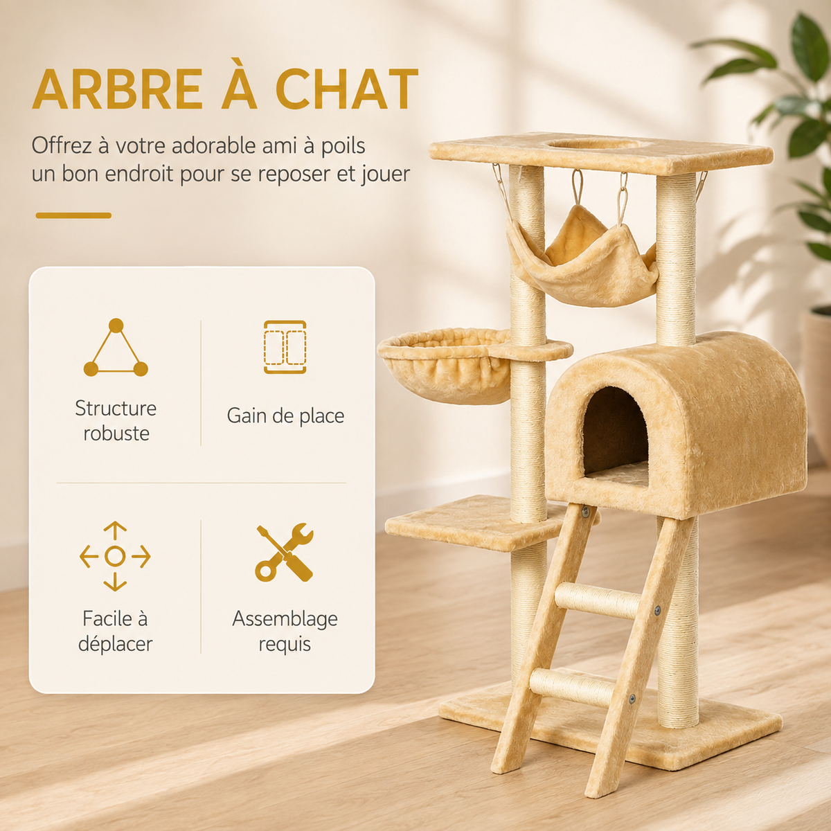 Le Chalet Suspendu – Arbre à chat 98 cm avec hamac et niche