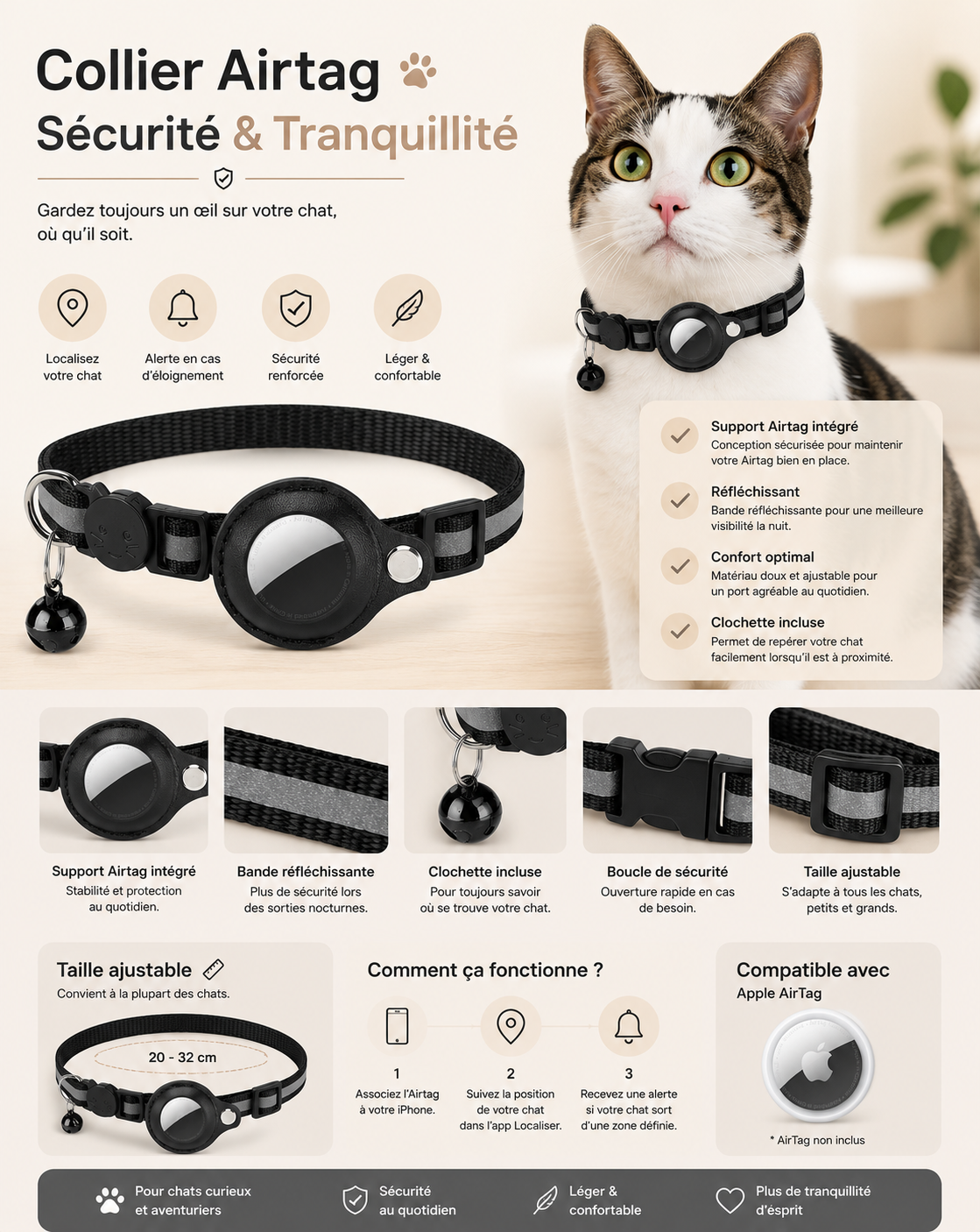 Le Gardien Ronron – Collier compatible AirTag
